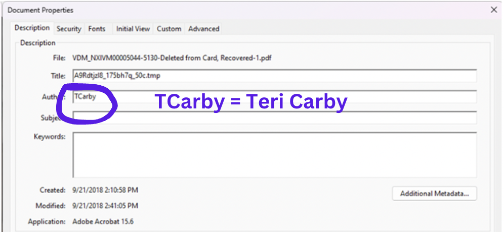PDF document properties of the file produced from the September 19 off-CART access — Author field reads 'TCarby', i.e., USAO Paralegal Specialist Teri Carby; Created 9/21/2018, two days after the access