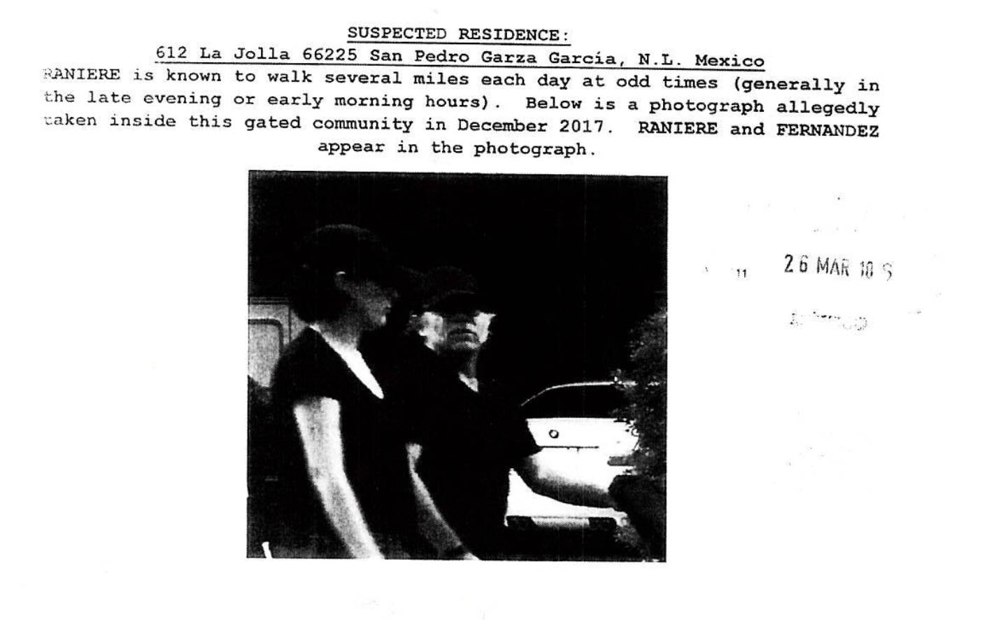 US-provided Mexican immigration file entry — Raniere known to walk several miles each day at odd times, with photograph