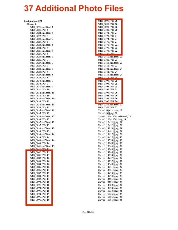 Booth Report File Index — red boxes highlight 37 additional files not in Flatley's report