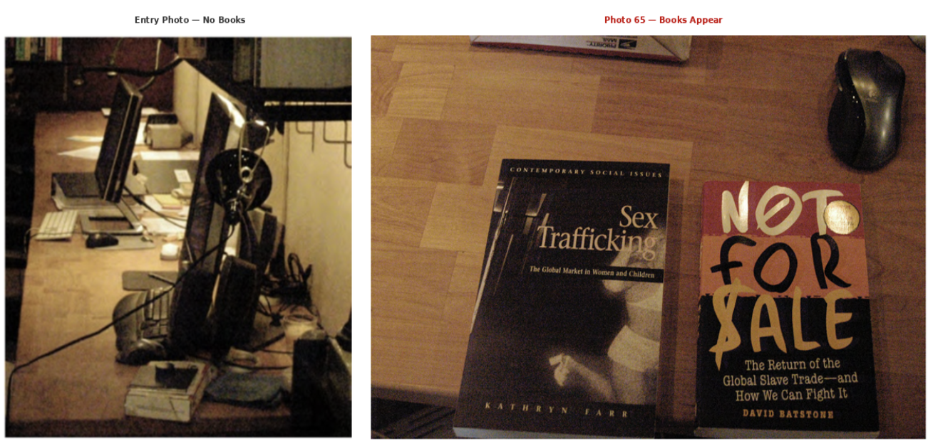 Side-by-side comparison — entry photo (no books) vs. photo 65 (books appear on the desk)