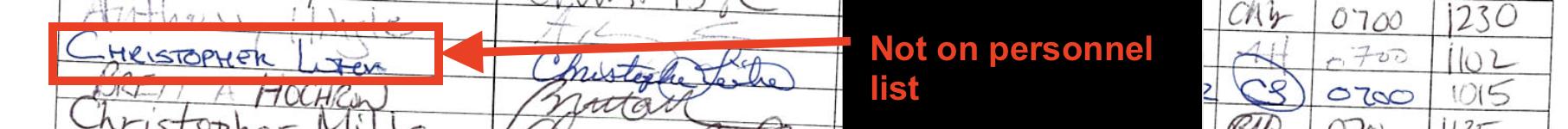 Personnel sheet — Christopher's name is missing despite his being physically present at the search for ~3 hours
