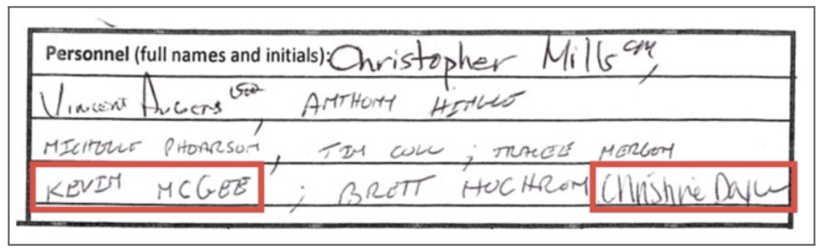 Personnel sheet — SA Christine Doyle's signature appears directly next to Kevin McGee's line; impossible not to notice McGee's name on the same line