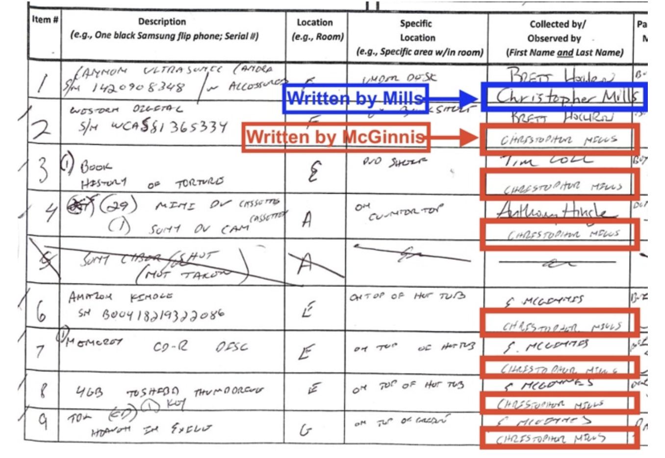 Evidence log entries — McGinnis writing 'Mills' as the collecting agent across 32 of 40 entries, in McGinnis's own handwriting