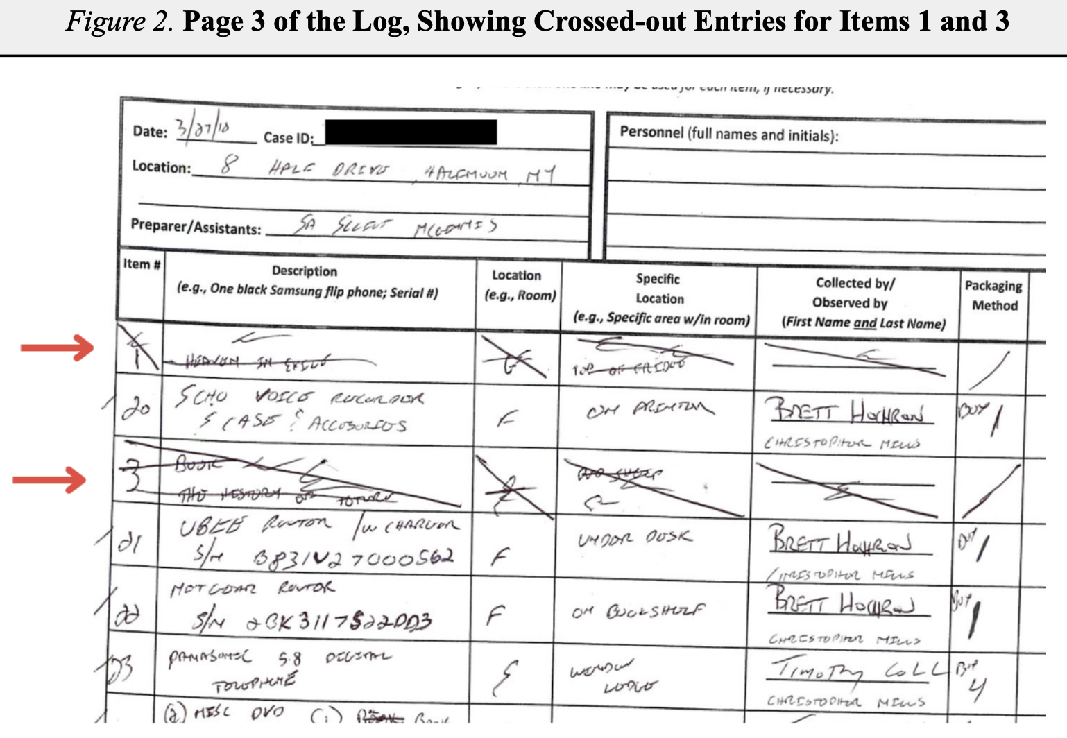 Page 3 of McGinnis's evidence log — crossed-out entries for items already logged on Page 1 as Items 1 and 9