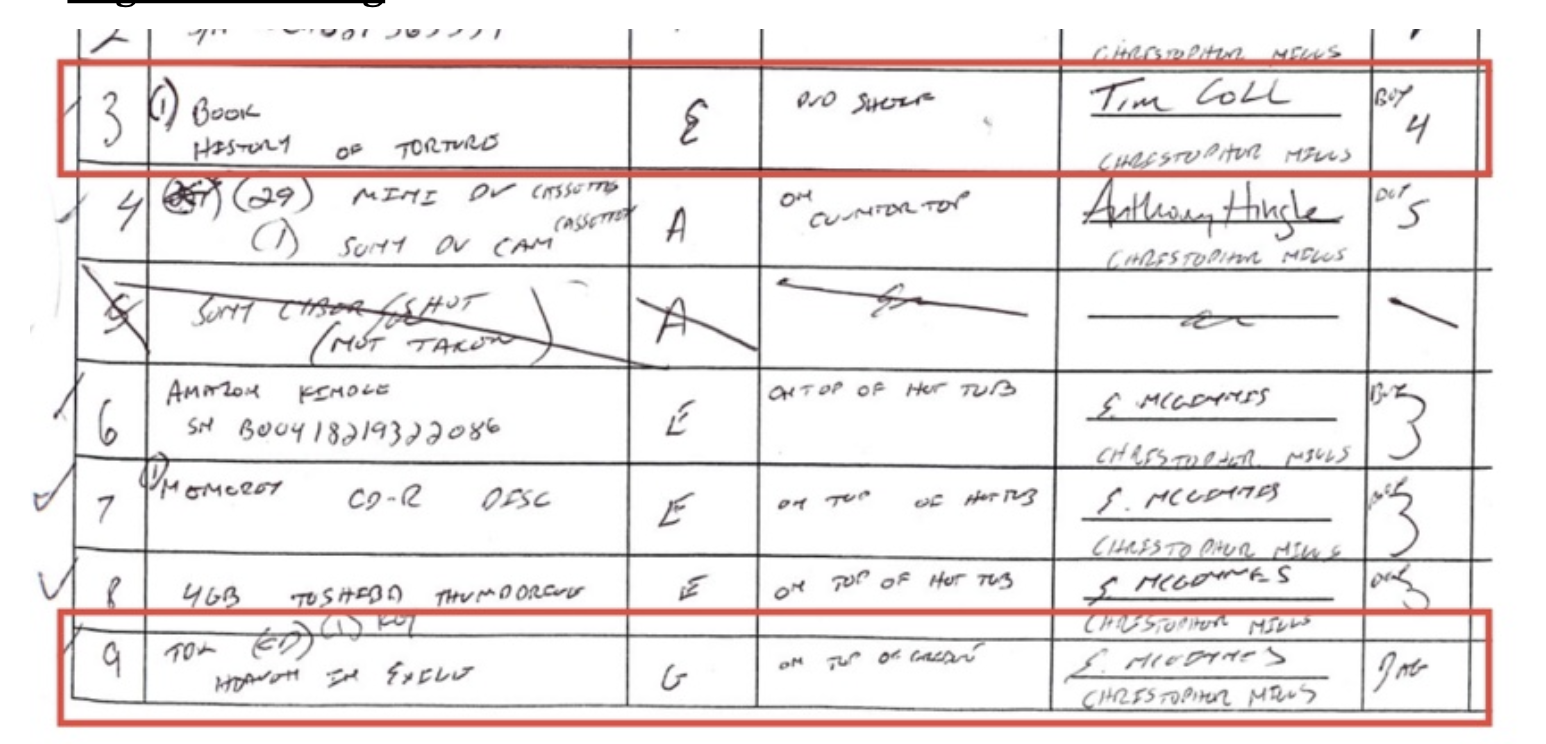 Page 1 of McGinnis's evidence log — same items appearing as Items 1 and 9, the items that are also referenced in the crossed-out entries on Page 3