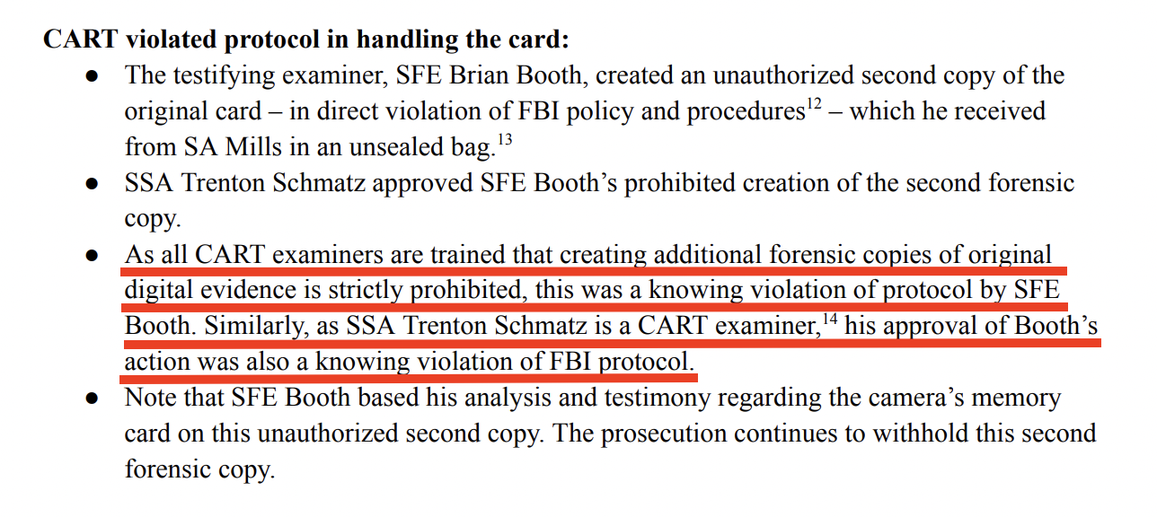 Joint Expert Declaration by four former FBI forensic examiners — names SFE Brian Booth and SSA Trenton Schmatz as responsible for the unauthorized second forensic copy; this was a knowing violation of FBI protocol by both